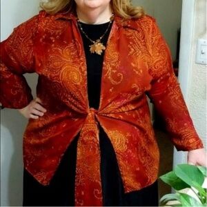 LANE BRYANT Red/Orange Tie-Front Kimono Size 26/28 Paisley Fall Relaxed USA-Made